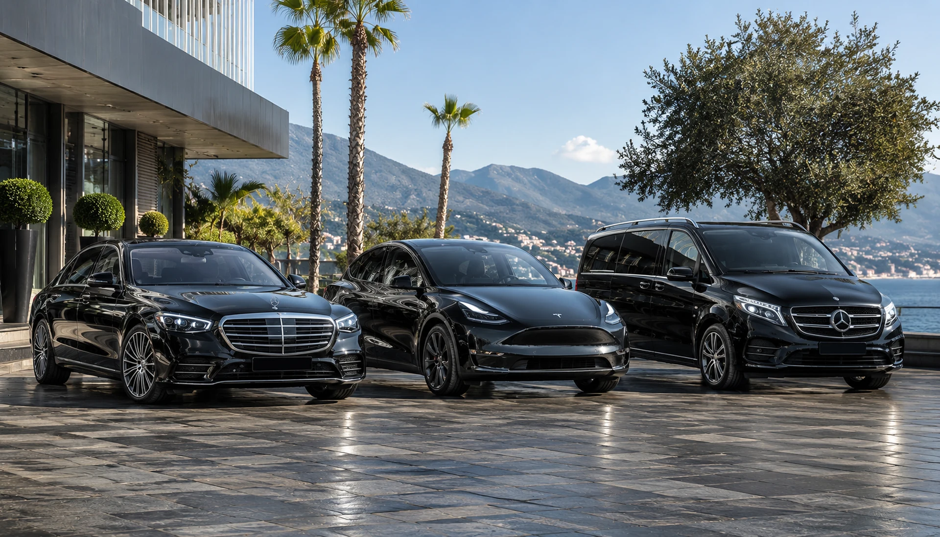 Flotte VTC Perpignan en bord de mer : berline de luxe, berline électrique et van premium 8 places garés devant un hôtel avec vue sur les montagnes