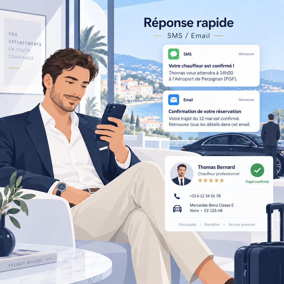 Client recevant la confirmation de réservation et les coordonnées du chauffeur