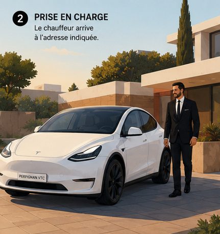 Chauffeur VTC Perpignan arrivant avec sa Tesla à l'adresse indiquée par le client