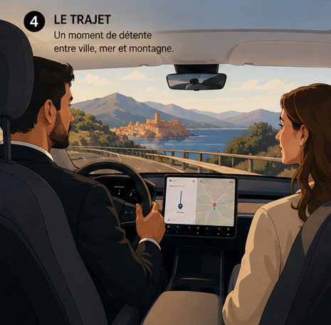 Passagers installés dans une Tesla lors d'un trajet entre Perpignan et la côte