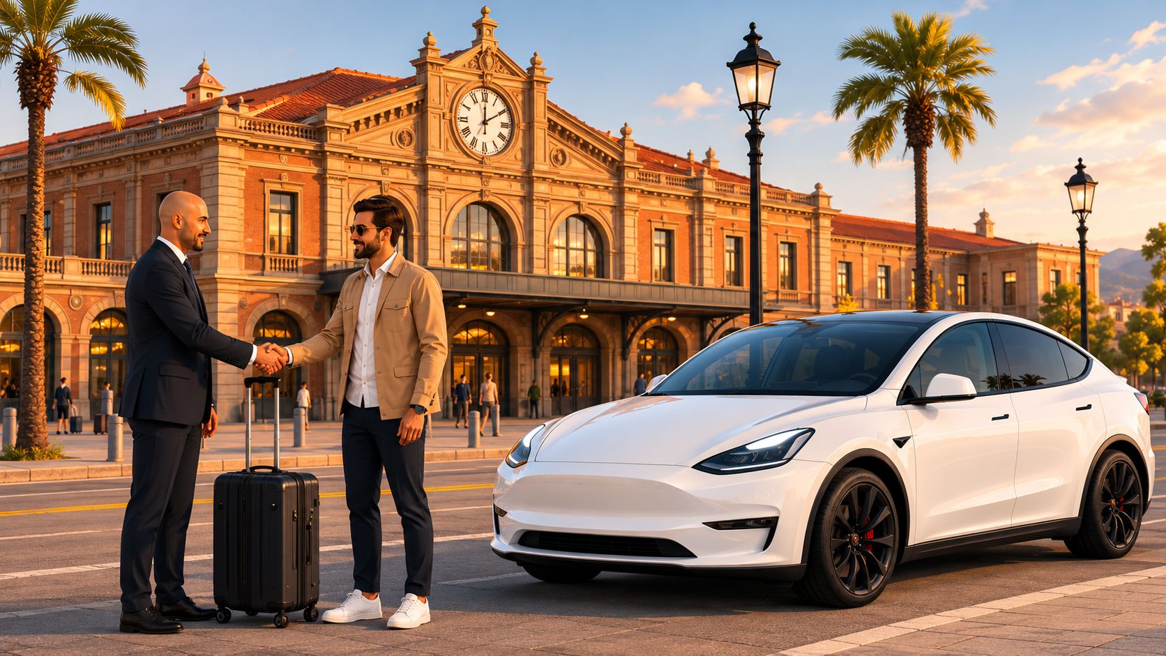 Chauffeur VTC accueillant un client avec ses bagages devant une gare, véhicule Tesla blanc garé à proximité