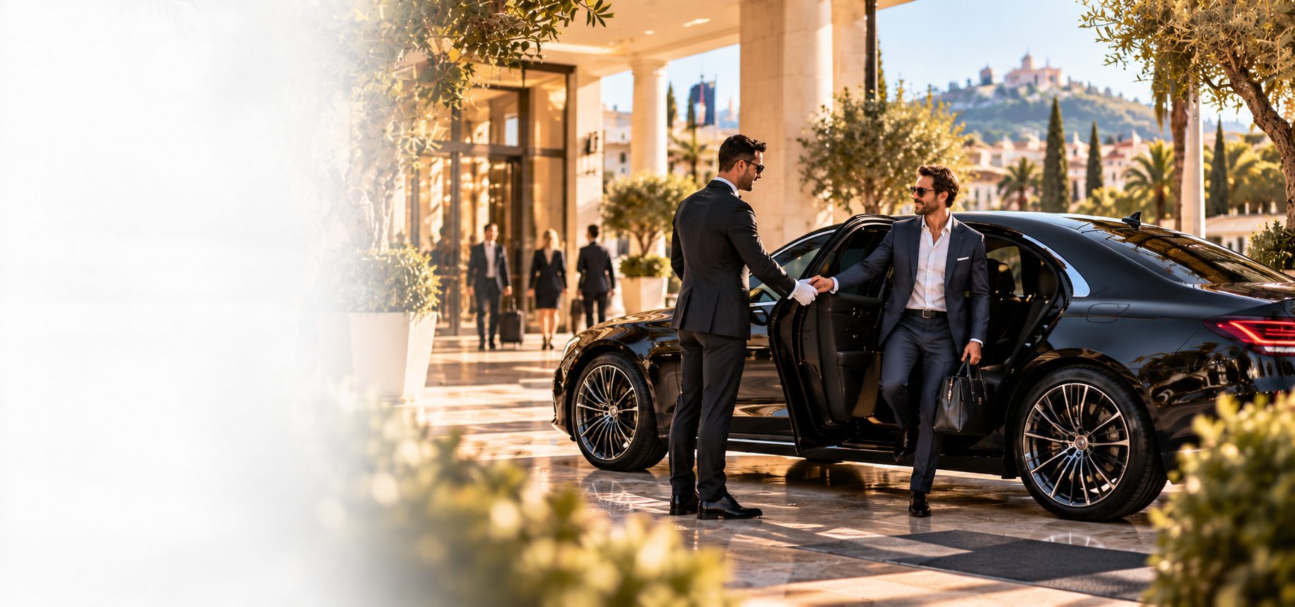 Private chauffeur welcoming a VIP client in front of a luxury hotel in Perpignan
