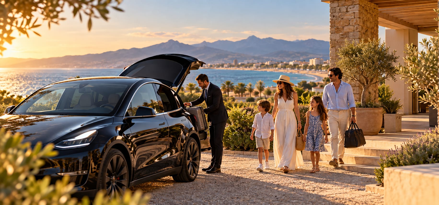 Chauffeur chargeant les valises d'une famille dans une Tesla noire face à la mer, vacances sur la côte catalane