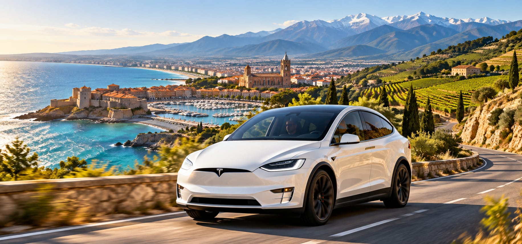 Tesla Model X blanche sur une route côtière entre vignobles en terrasses, Méditerranée et Pyrénées enneigées