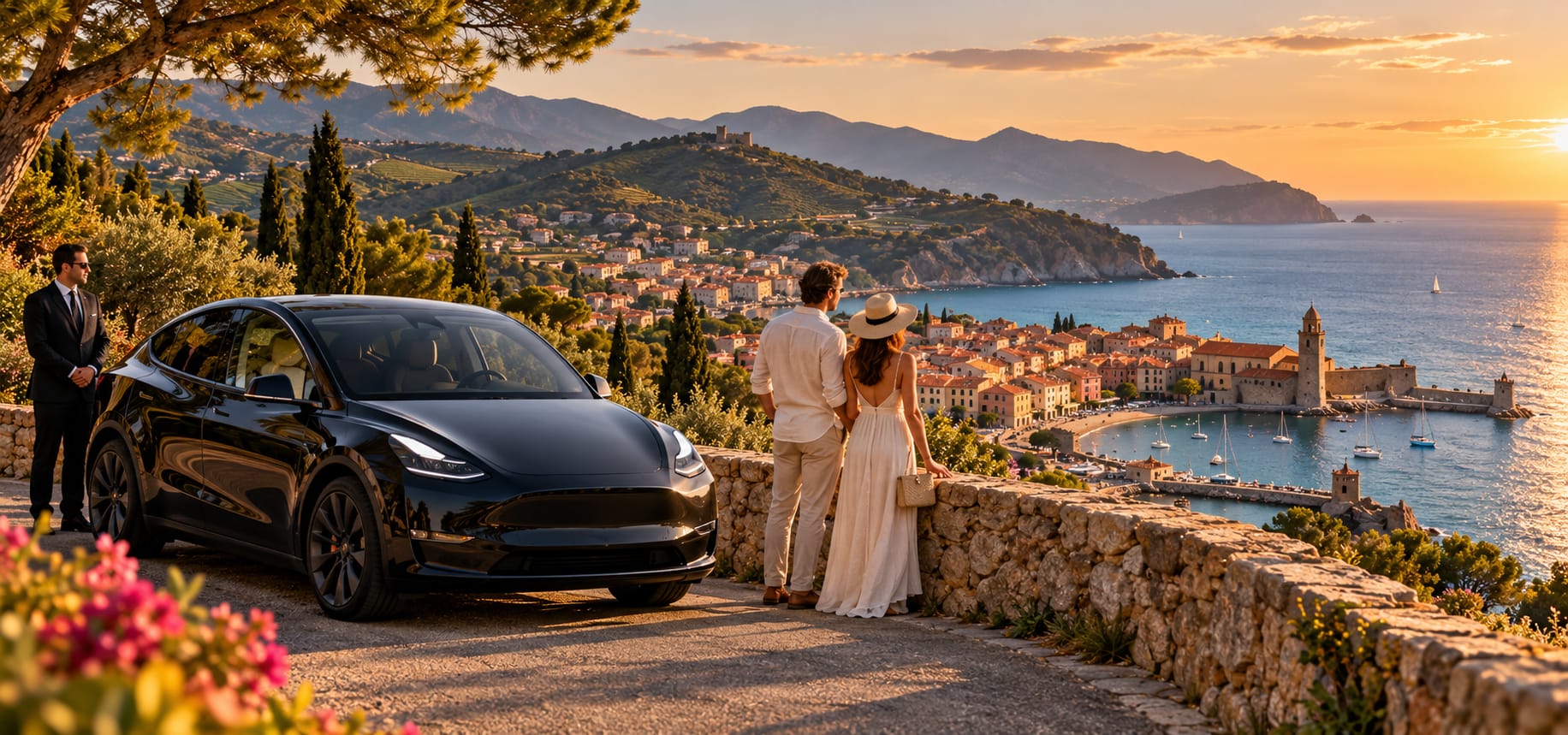 Couple admirant la baie de Collioure depuis un belvédère, avec leur chauffeur privé près de la Tesla noire au coucher du soleil