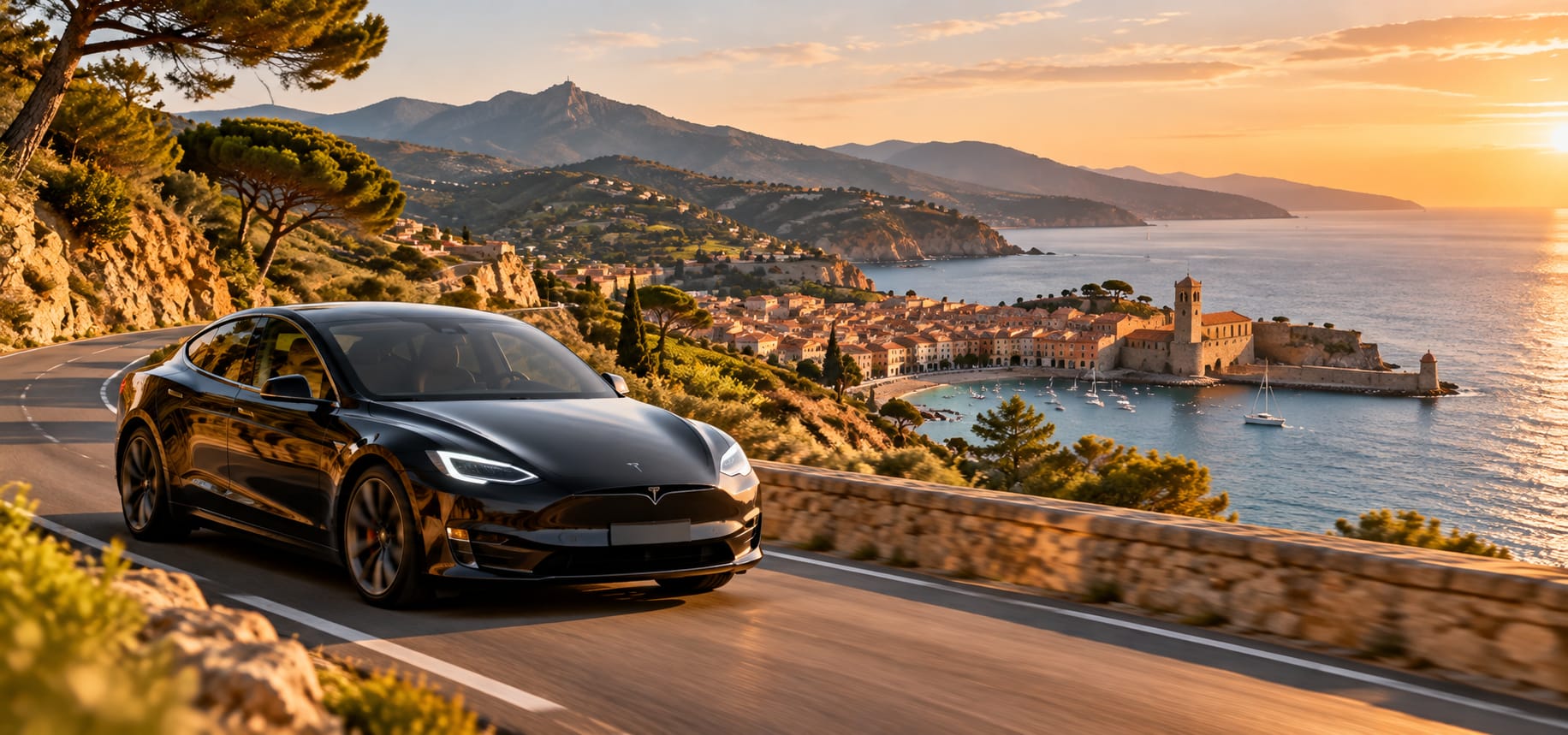Tesla noire sur la route de la Côte Vermeille avec vue sur la baie et le village de Collioure au coucher du soleil