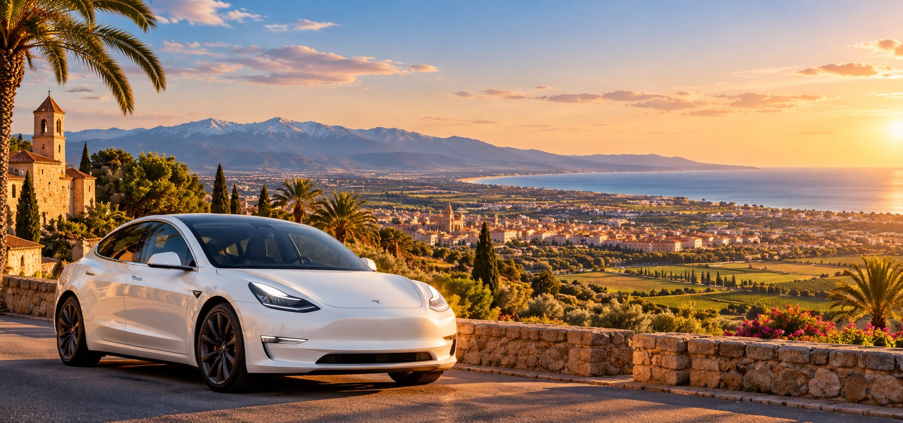 Tesla blanche face à la plaine du Roussillon, au pied d'un clocher, avec le Canigou enneigé et la mer à l'horizon