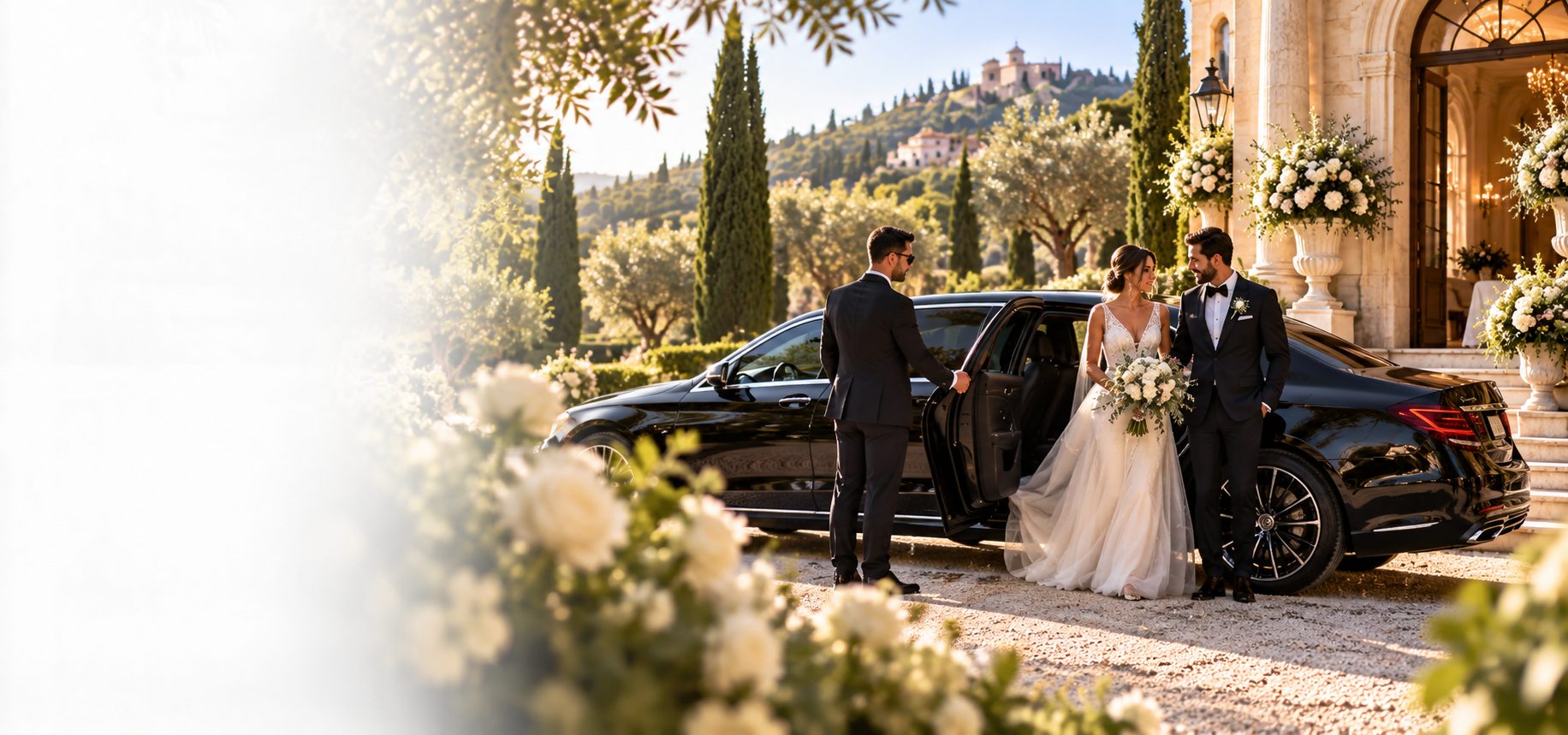 Private chauffeur opening the car door for a wedding or event in Perpignan