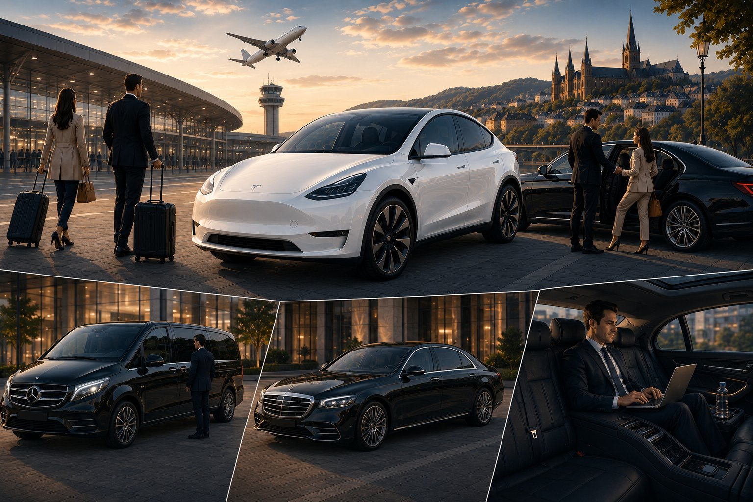 Flota VTC Perpiñán: Tesla eléctrico en el aeropuerto, berlina de lujo y furgoneta premium