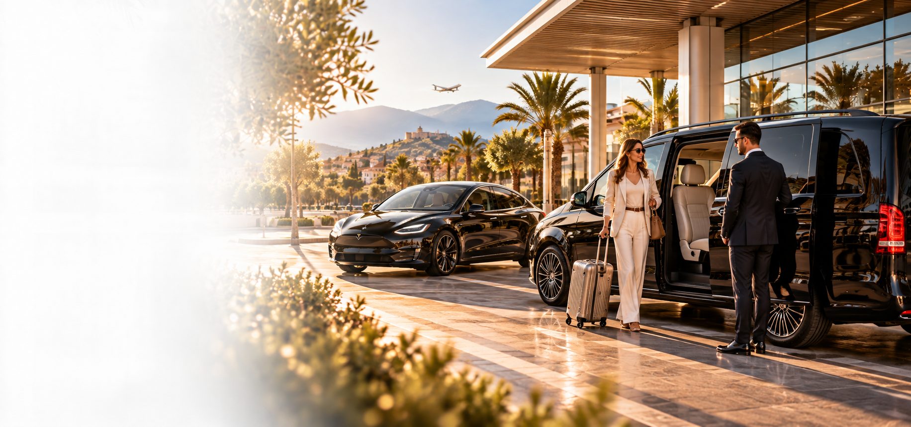 Chauffeur privé accueillant des clients avec leurs bagages à l'aéroport de Perpignan