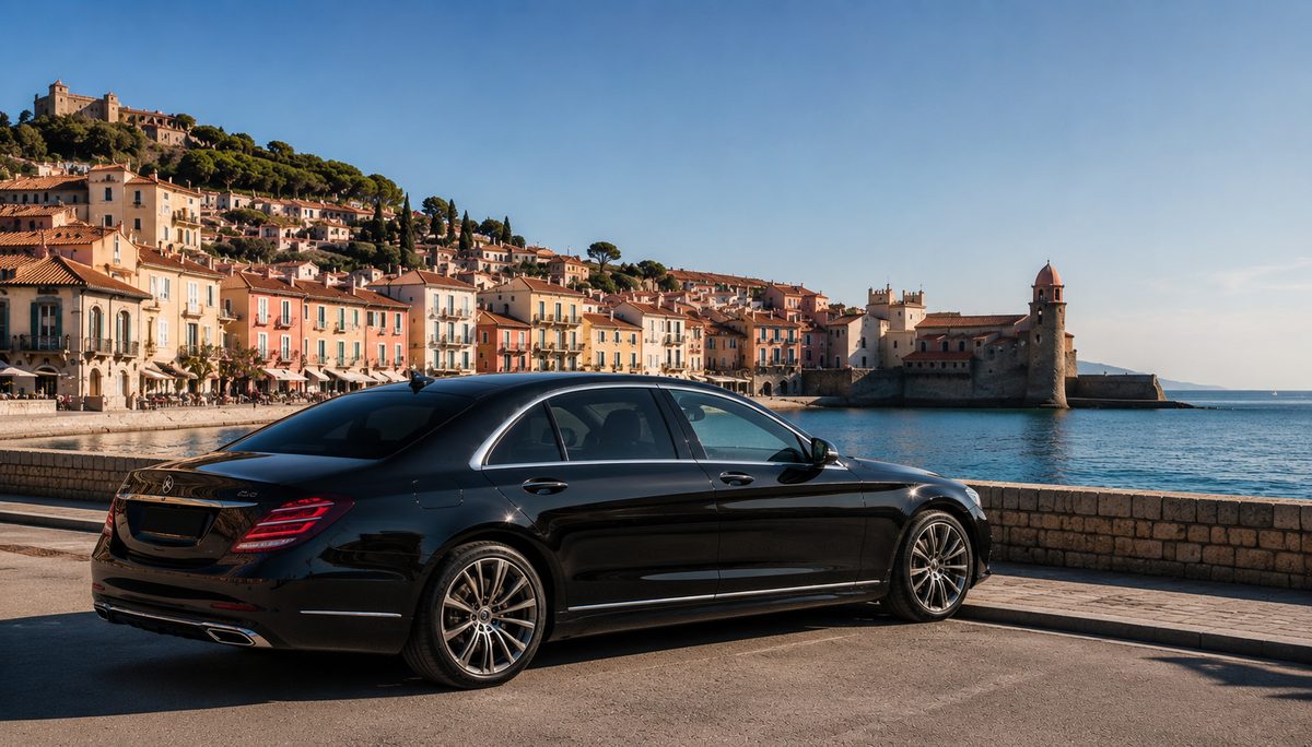 Mercedes Clase S negro con chófer privado, chófer a disposición por horas o por jornada en Perpiñán