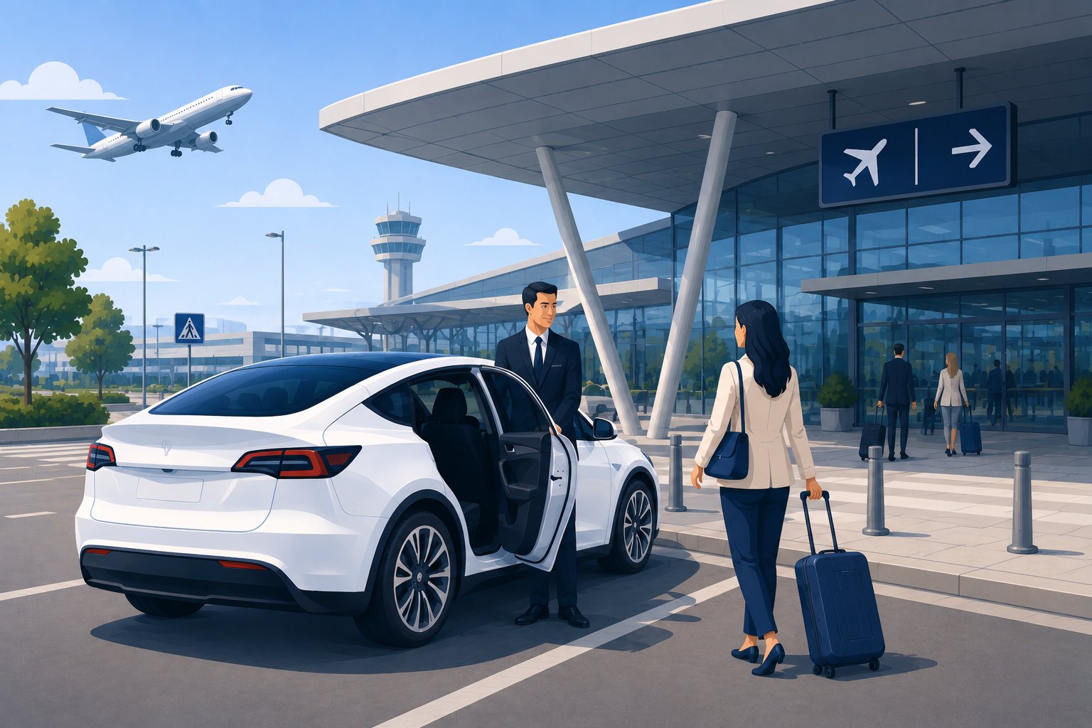 Chófer privado recibiendo a una clienta en el aeropuerto de Perpiñán-Rivesaltes